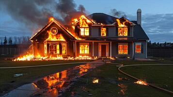 suburbano Casa Engulfed nel fiamme a crepuscolo foto