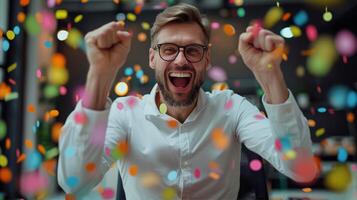 gioioso uomo festeggiare con coriandoli in casa foto