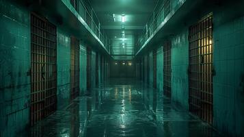 ore notturne atmosfera nel un abbandonato prigione corridoio foto