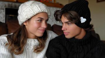 giovane coppia indossare caldo inverno cappelli in casa foto