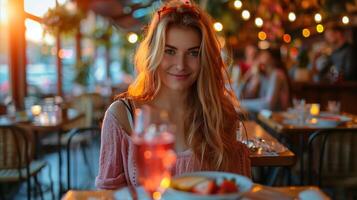 sorridente donna godendo cena a accogliente sera ristorante foto