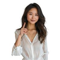 sorridente giovane donna Esprimere a gesti con dito su trasparente sfondo foto