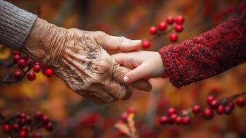 anziano mano Tenere un' Childs mano contro autunno fondale foto