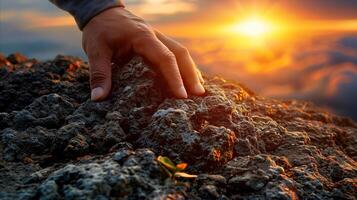 mano raggiungendo il vertice a tramonto foto