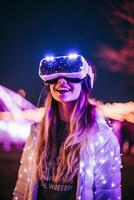 bella giovane ragazza immersa nel virtuale la realtà con elegante occhiali, godendo un' digitale mondo foto
