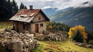 affascinante pietra Casa nel montagna ambientazione foto