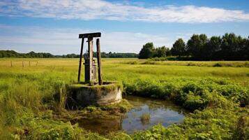 Vintage ▾ acqua bene circondato di verdura nel sereno campo foto