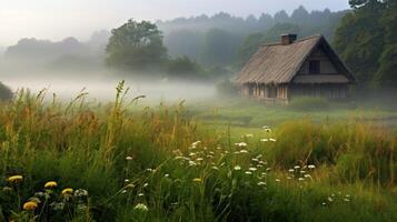 paglia tetto Casa nebbioso campo foto