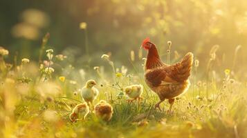 un' gallina con sua pulcini nel un' colorato bellissimo prato nel il sole foto