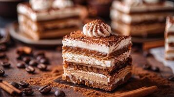 torte impilati con strati di caffè e crema nel il centro di ogni torta. Là è cannella polvere su superiore. foto