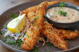 impanato e fritte pesce dita servito con remoulade salsa e Limone. foto