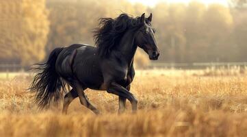 un' maestoso frisone cavallo trotto con grazia attraverso un' illuminata dal sole pascolo. foto