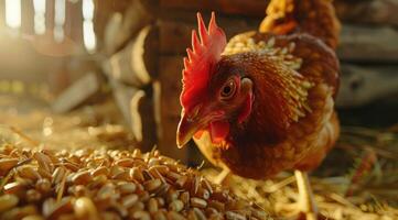 pollo mangia alimentazione e grano a eco pollo azienda agricola foto