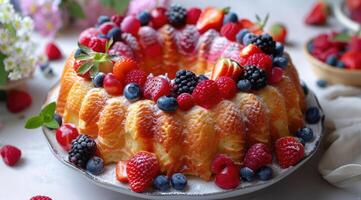 delizioso fatti in casa torta con fresco frutti di bosco foto