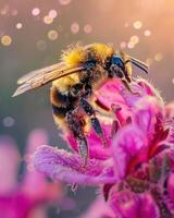 primo piano dell'ape che impollina sul fiore rosa foto