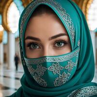 donna nel tradizionale musulmano vestiario, sorridente. bellissimo donna colpo alla testa guardare a telecamera e indossare un' hijab. foto