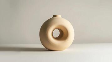avvicinamento tiro di un' beige ceramica scandinavo vaso un vuoto ciambella vaso è isolato su un' bianca sfondo casa arredamento elemento davanti Visualizza foto