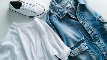 bianca cotone maglietta modello con denim giacca scarpe da ginnastica design t camicia modello tee Stampa presentazione finto su foto