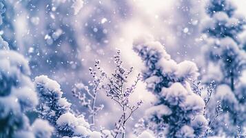 coperto di neve impianti nel inverno foresta durante nevicata macro Immagine superficiale profondità di campo inverno natura sfondo, foto