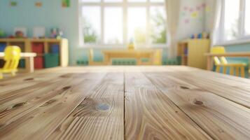 vuoto di legno tavolo superiore su sfocato scolaro camera interno sfondo, foto