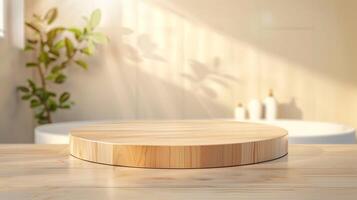 il giro di legno podio per Prodotto Schermo su sfocato bagno sfondo, foto
