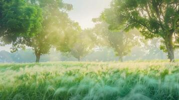 paesaggio verde erba campo con sfocatura alberi sfondo acquerello effetto, foto