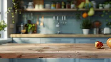 legna tavolo superiore su sfocatura cucina camera sfondo per montaggio Prodotto Schermo o design chiave visivo disposizione, foto