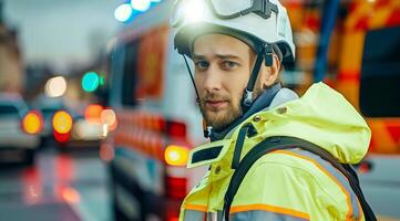 ambulanza primo risponditori affrettandosi per Salva a partire dal fuoco, incidenti e medico emergenza foto