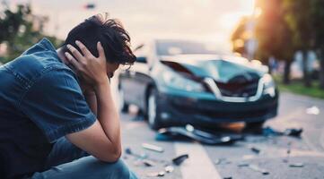 un' uomo si siede su il terra Il prossimo per un' auto quello ha stato nel un incidente foto