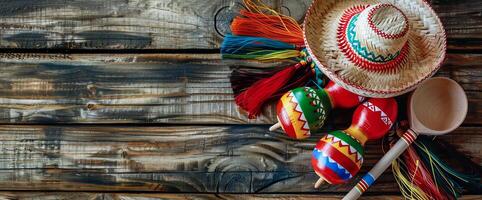 Messico festivo di legno sfondo con sombrero, serape e maracas nel piatto posare Visualizza foto