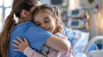 medico abbracciare poco ragazza nel ospedale camera. sorridente giovane ragazza essere tenuto di un' medico foto