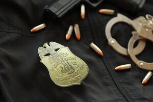 kiev, Ucraina - marzo 9, 2024 noi fbi federale ufficio di indagine distintivo su nero giacca uniforme con pistola, proiettili e manette foto