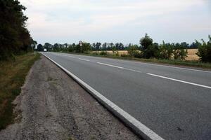 vuoto asfalto strada e floreale campo di diverso erba e fiori nel sera tempo foto