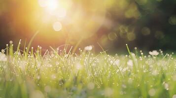 naturale erba campo sfondo con sfocato bokeh e sole raggi, foto