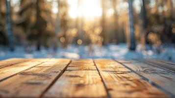 il vuoto di legno tavolo superiore con sfocatura sfondo di inverno nel Finlandia esuberante Immagine, foto