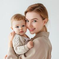 giovane madre Tenere sua bambino adatto per famiglia o assistenza all'infanzia industria foto