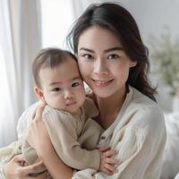 ritratto di un' giovane asiatico madre Tenere sua bambino adatto per famiglia o assistenza all'infanzia relazionato soddisfare foto