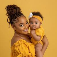 ritratto di un' sorridente giovane madre con sua bambino su un' giallo sfondo foto