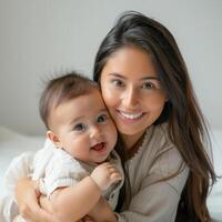 madre Tenere sua bambino con un' amorevole Sorridi foto