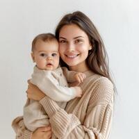 giovane madre Tenere sua bambino nel un' caldo accogliente ambientazione foto