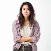 giovane asiatico donna con un' ha riguardato espressione foto