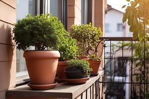 popolare in vaso impianti nel un' terracotta pentola su il finestra davanzale di il Casa finestra, balcone, succulento, begonia, fioritura, ficus. foto