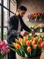 musulmano uomo fioraio raccoglie mazzo di tulipani- fresco tagliare fiori nel scatole e vasi nel fiore negozio e cremagliere per saldi, consegna per il vacanza. molla, marzo 8, Da donna giorno, compleanno. foto