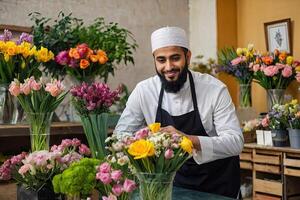 musulmano uomo fioraio raccoglie mazzo di primavera fiori- fresco tagliare fiori nel vasi nel fiore negozio e cremagliere per saldi, consegna per il vacanza. molla, marzo 8, Da donna giorno, compleanno. foto