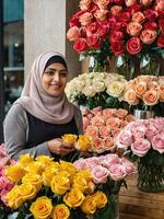 musulmano donna fioraio raccoglie mazzo di Rose- fresco tagliare fiori nel vasi nel fiore negozio e cremagliere per saldi, consegna per il vacanza. molla, marzo 8, Da donna giorno, compleanno. foto