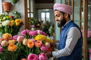 musulmano uomo fioraio raccoglie mazzo di pioni- fresco tagliare fiori nel scatole e vasi nel fiore negozio e cremagliere per saldi, consegna per il vacanza. molla, marzo 8, Da donna giorno, compleanno. foto