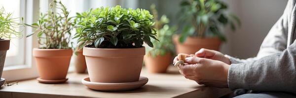 popolare in vaso impianti nel un' terracotta pentola su il finestra davanzale di il Casa finestra, balcone, succulento, begonia, fioritura, ficus. foto