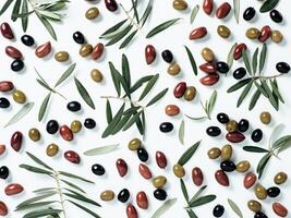 bellissimo modello con verde, nero e rosso olive e olive albero le foglie e rami su bianca sfondo. mescolare oliva albero frutta e rami come modello, superiore Visualizza o piatto posizione. foto