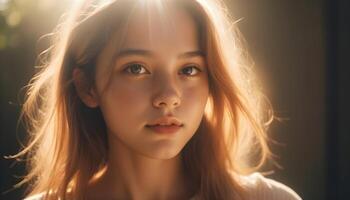 bellissimo giovane attraente ragazza luce del sole luce del sole effetto filtro su sua viso foto