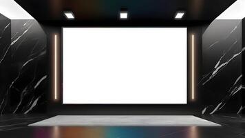 interno vuoto bianca guidato schermo per annuncio pubblicitario posizionamento, moderno vuoto lcd schermo contro un' nero marmo parete foto